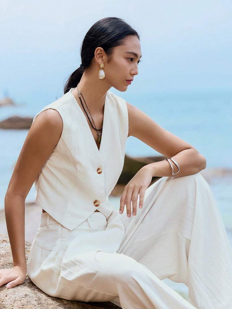 Women's Solid Color V-Neck Sleeveless Crop Top And Wide Leg Pants Elegant Vacation Summer 2-Piece Set Lounge Sets For Women