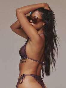 Musera Resort 钩边串珠流苏下摆印花挂脖比基尼上衣（仅限夏季泳装、海滩度假日常性感可爱波西米亚风旅行款） - 彩色 - 查看 3