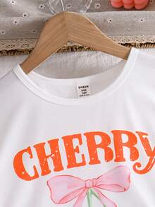 SHEIN Tween Girl Casual Cherry Letter Print T-Shirt And Plaid Pants Set - Orange - View 4
