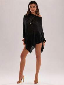 SHEIN BAE Women's Solid Color Asymmetric Hem Casual Pullover Sweater, Versatile For Daily Wear - Black - View 6