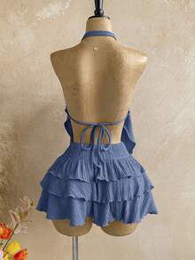 Soleia Set de 2 piezas: Top asimétrico de cuello halter con textura de punto + Falda de cintura baja con volantes en el bajo, adecuado para vacaciones, citas, San Valentín, tarde de té - Neblina azul - Ver 2