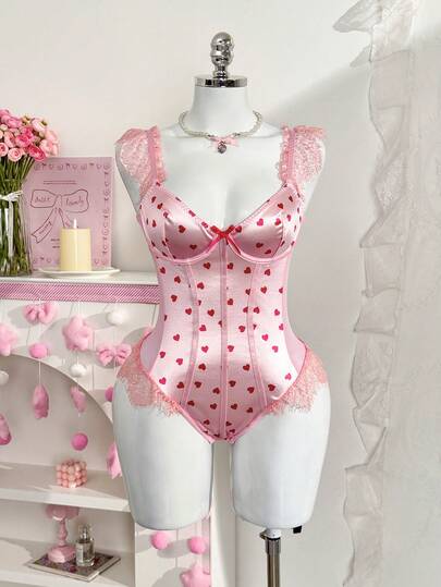 PetitDoll Stretchy Printed Contrast Lace Underwire Jumpsuit For Women