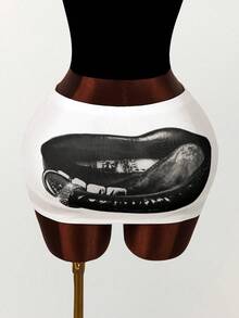 Amplova Women's Lip Print Bodycon Mini Skirt - Black and White - View 6