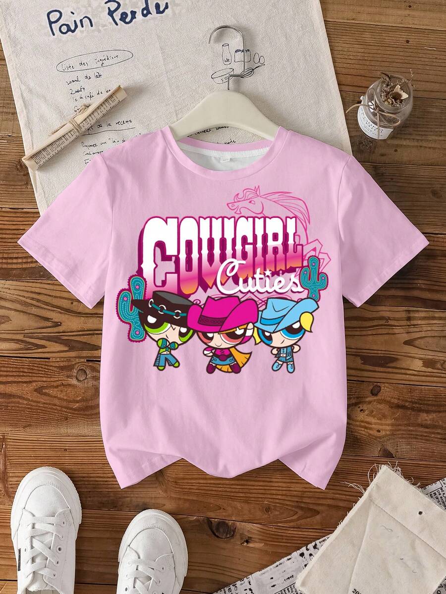 THE POWERPUFF GIRLS X SHEIN Tween Girls' Round Neck Short Sleeve Casual T-Shirt - - White - View 1