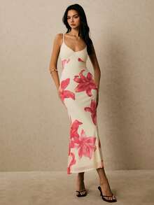 Poéselle 女士春夏新款撞色拼接长款印花连衣裙，浪漫假日风修身长裙 - 白色 - 查看 4