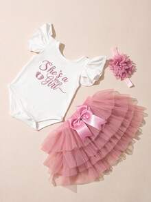 SHEIN Bộ 2 món bé gái sơ sinh: áo liền quần romper, chân váy tutu trắng, quần bỉm và băng đô, phong cách công chúa dễ thương hài hước, thêu họa tiết graphic, đồ chụp ảnh tiệc đầy tháng mùa hè - Nhiều màu - Xem 8