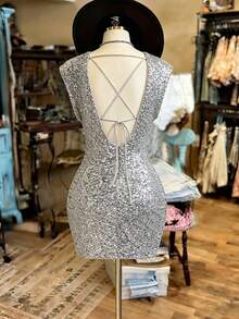 NostaNoir Women's Fashionable Sexy Sequin Pleated Bodycon Dress, Summer - Silver - View 3