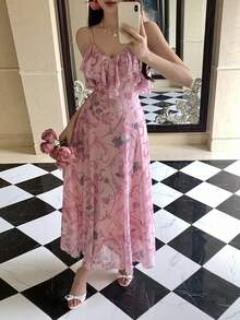 DAZY Đầm dài ngang gối màu hồng họa tiết hoa nhí thanh lịch, thích hợp cho mùa xuân và hè. - Hồng - Xem 4