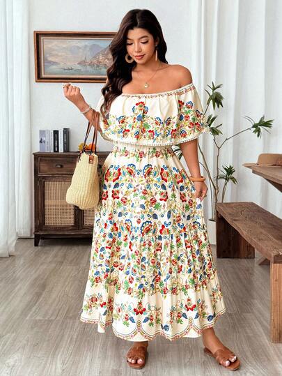 Weeklong Plus Size Women's Off-Shoulder Floral Print Ruffle Casual Vacation Dress