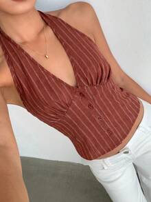 Aloruh Women Cotton Striped Stand Collar Single-Breasted Vest Thin Blazer In Fall/Winter - Brown - View 8