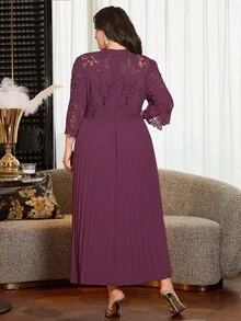 Modelyn Vestido casual de línea A plisado con bordado de unicolor para mujer de talla grande - Rojo violeta - Ver 2