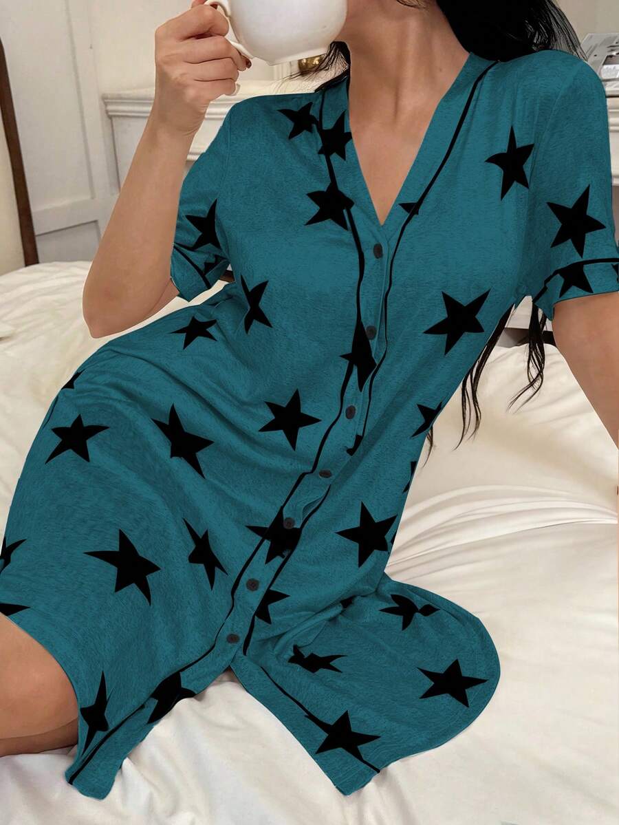 SHEIN 美国休闲星形印花V领短袖女士睡裙 - 墨綠色 - 查看 1