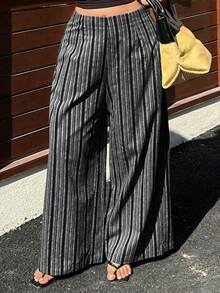 Dazy Plus Plus Size Women Elastic Waist Striped Wide Leg Loose Casual Pants - Navy Blue - View 7