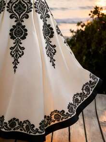 SHEIN Franclia Sleeveless Dress With Deep V-Neck Design, Paired With Exquisite Black Embroidery, A-Line Skirt Silhouette For Elegant And Vintage Charm - Apricot - View 4
