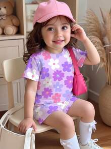 Baby Girl Casual Cute Floral Print Set, Lavender, Round Neck Short Sleeve T-Shirt And Leggings, Suitable For Spring And Summer - Multicolor - View 2