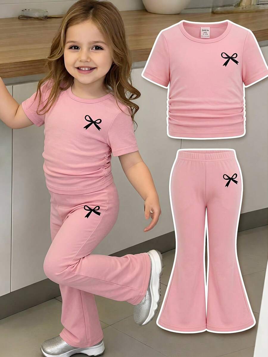 SHEIN Bộ đồ thường ngày cho bé gái: Áo thun ngắn tay in nơ và quần ống loe. - Hồng - Xem 1