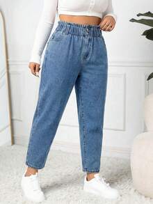 Firerie Plus Size Women Pockets Button Casual Versatile Daily Wear Jeans - Blue - View 3