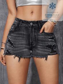 SHEIN ICON Plus Size Women's Fashion Versatile Washed Distressed Skinny Shorts - Black - View 6