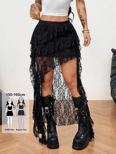 SHEIN Coolane Petite Falda maxi con volantes y diseño asimétrico, cintura elástica, contraste de encaje, tiro bajo, para mujer de estatura baja, ideal para conciertos, fiestas, vacaciones, con ajuste que alarga las piernas