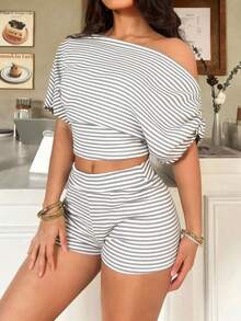 FavEase 2pcs/Set Women Striped Asymmetrical Shoulder Short Sleeve Top And Low-Waist Shorts, Spring/Summer - Light Grey - View 4