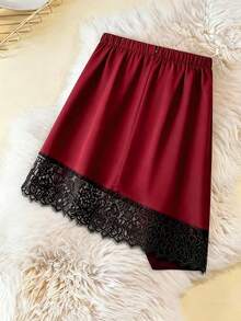 Rometta Plus Size Women's Asymmetrical Hem Ruched Lace Patchwork Skirt, Elegant For Commuting Gym And Outings Brown Autumn - Burgundy - View 2