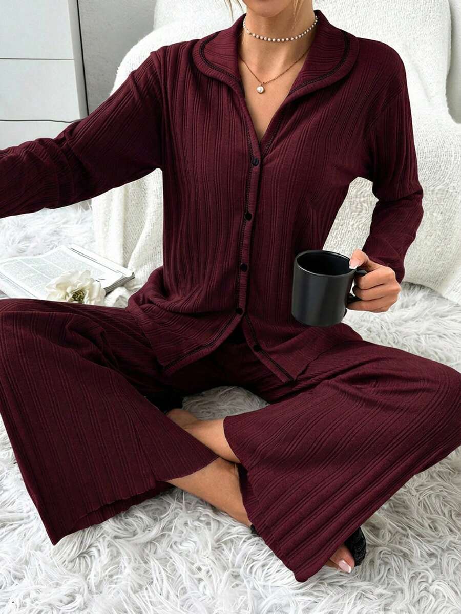 WovenCharm 100%Cotton Shirt Style Buttoned Striped Dark Blue 2-Piece Pajama Set - Burgundy - View 1