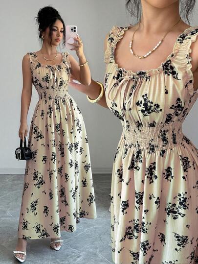 Elenzga 卡其色吊带喇叭裙摆优雅连衣裙，适合生日、约会、派对、情人节、劳动节、教师节、返校、旅行、春夏等场合，时尚必备，设计独特，百搭优雅女装