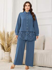 Lacomfia Conjunto de 2 piezas de talla grande con camisa de manga larga de unicolor casual con decoración de volante en el bajo y pantalones de pierna ancha con cintura elástica, para primavera/otoño - Azul - Ver 1