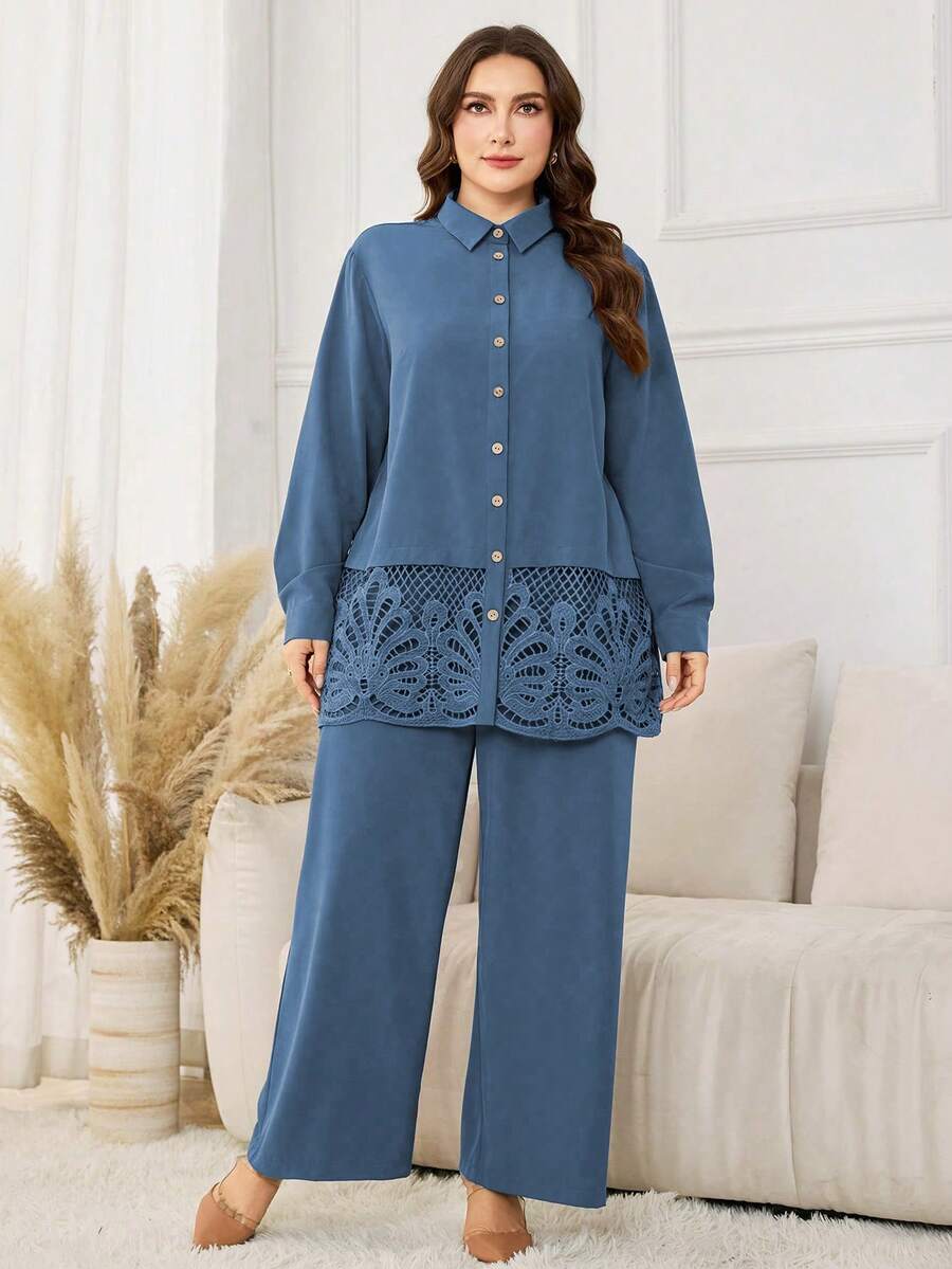 Lacomfia Conjunto de 2 piezas de talla grande con camisa de manga larga de unicolor casual con decoración de volante en el bajo y pantalones de pierna ancha con cintura elástica, para primavera/otoño - Azul - Ver 1
