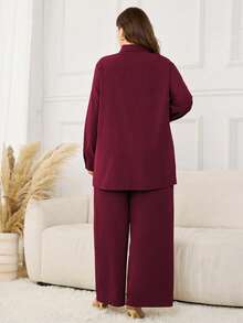 SHEIN Lacomfia Bộ đồ 2 món cỡ lớn, kiểu dáng thường ngày, màu trơn, gồm áo dài tay có bèo nhún ở gấu và quần ống rộng cạp chun, thích hợp cho mùa xuân/thu. - Màu Đỏ Sâu - Xem 2