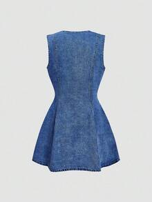 SHEIN MOD 女士纯色圆领前扣休闲无袖牛仔连衣裙 - 深色水洗藍 - 查看 2