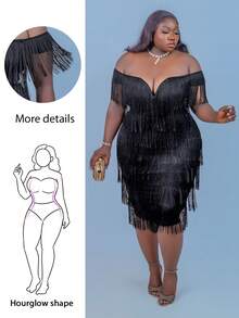 CurvyTilda Abito midi da donna con scollo a cuore e spalle scoperte, con frange, per feste e compleanni, taglie comode - nero - Visualizzare 1