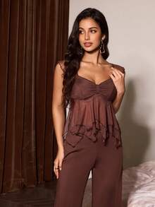 Slumberist Conjunto de pijama de top asimétrico de malla transparente de doble capa y pantalones para mujer - Café integral - Ver 5