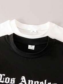 SHEIN 2件装男童休闲舒适时尚简约实用百搭字母和徽章印花短前长后圆领运动短袖T恤，适合夏季度假、旅行、休闲、日光浴等场合。 - 彩色 - 查看 7