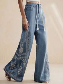 Anewsta Women's Elegant Embroidered Bohemian Style Wide Leg Casual Jeans, Romantic For Party, Vacation, Spring/Summer - Blue - View 6