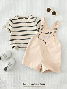 Cozy Pixies 2pcs Baby Boy Striped Pattern Knit Soft Round Neck Short Sleeve Pullover Top And Bib Shorts Set - Khaki - View 6