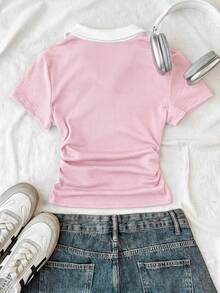 SHEIN Tween Girl/Tween Girls' Colorblock Knit Turtleneck Fitted T-Shirt With Small Logo Embroidery - Pink - View 2