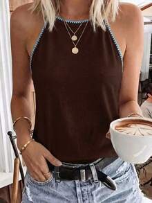 SHEIN LUNE 夏季百搭休闲简约度假时尚纯棉棕色刺绣贝壳蕾丝边吊带背心（女款） - 彩色 - 查看 6