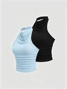 Sweetra 2 chiếc áo tank top nữ kiểu dáng thanh lịch, gợi cảm, cổ yếm, hở lưng, màu trơn, xanh lá cây/đen, thích hợp mặc đi làm, phong cách Y2K. - Nhiều màu - Xem 3