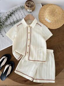 LMoss Kids 2 piezas Conjunto informal de camisa tejida y pantalones cortos para niño pequeño - Marrón - Ver 4
