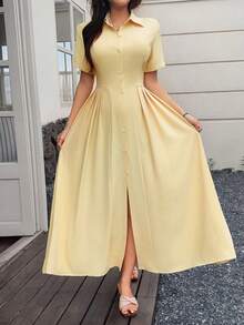 DAZY Vestido largo con cintura ceñida elegante, informal para primavera y verano - Amarillo claro - Ver 7