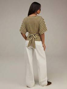 Athîral Women's Striped Patchwork Casual Versatile Daily Wear T-Shirt - Multicolor - View 2