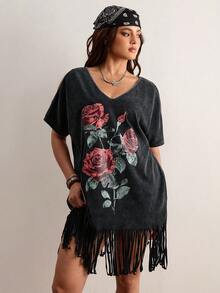 Freevana Đầm mini dáng rộng tay ngắn cổ chữ V in hoa hồng dành cho nữ cỡ lớn, thanh lịch, thích hợp mặc hàng ngày, mùa xuân/hè, màu xám đậm có tua rua. - Màu xám đen - Xem 4