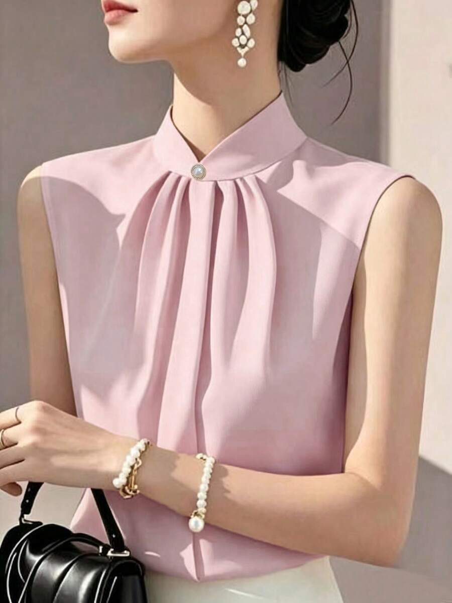 SHEIN 女士休闲优雅纯色褶皱珍珠装饰纽扣衬衫,适合日常通勤穿着,商务风格衬衫 - 粉色 - 查看 1