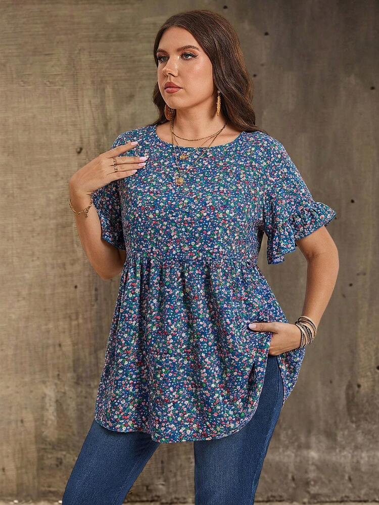 Plus Size Casual Ditsy Floral Shirt