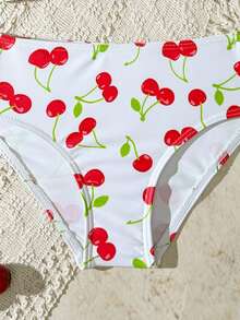 Kleine Mädchen rückenfrei Blumen Cut-Out-Design Bikini Oberteil, Kirschprint mit rotem Rand, süßer & frischer Stil geeignet für Strandurlaub, Schwimmparty - Rot-Weiß - Übersicht 5