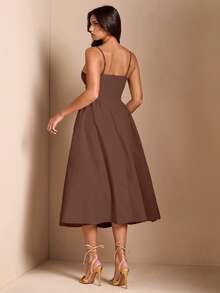 SHEIN BAE 优雅女士吊带长款蓬蓬裙，适合日常约会、外出、夜店、派对、秋季穿着。 - 棕色 - 查看 2