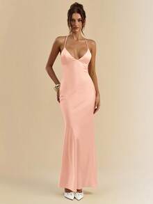 SHEIN BAE Đầm dạ hội satin dài màu mơ và trắng, cổ chữ V sâu, dây mảnh, hở lưng, kiểu đuôi cá, thích hợp cho đi nghỉ mát, phù dâu, sinh nhật, tốt nghiệp hoặc các dịp khác. - Màu Cam san hô - Xem 5