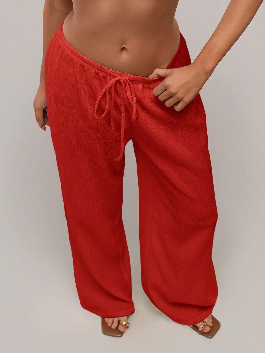 Avantive Women's Casual Solid Color Minimalist Drawstring Pants - Red - View 1