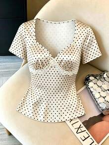 GlowEve Beige,Summer,Elegant,Date,Polka Dot Print Satin Beaded Collar,Front Delicate Butterfly & Lace Trim Waist Fitted Short Sleeve Knit T-Shirt For Women - Multicolor - View 4